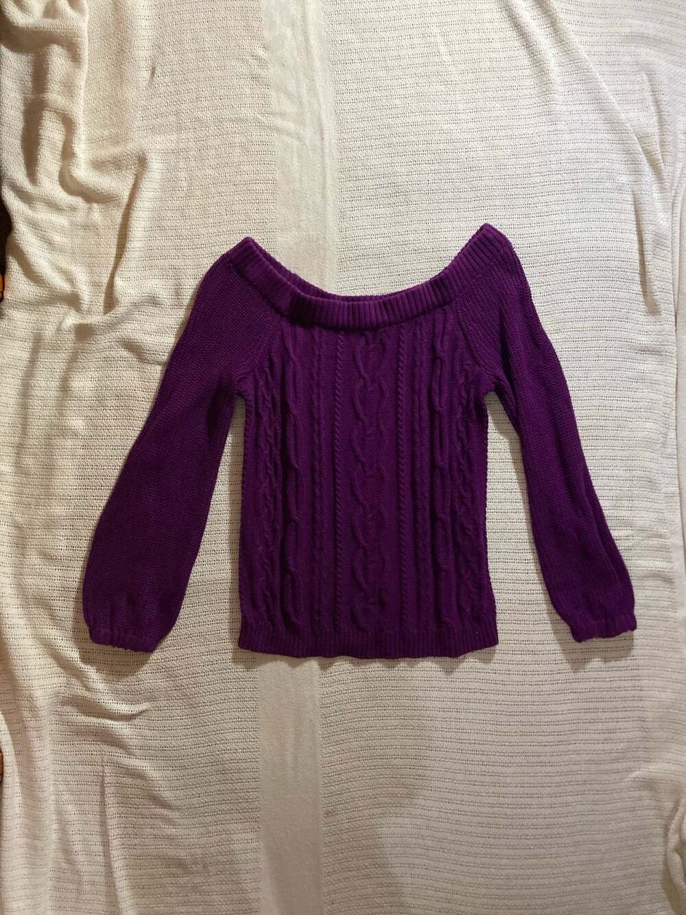 New York & Company Purple Cable Knit Off-The-Shoulder Sweater Size M
